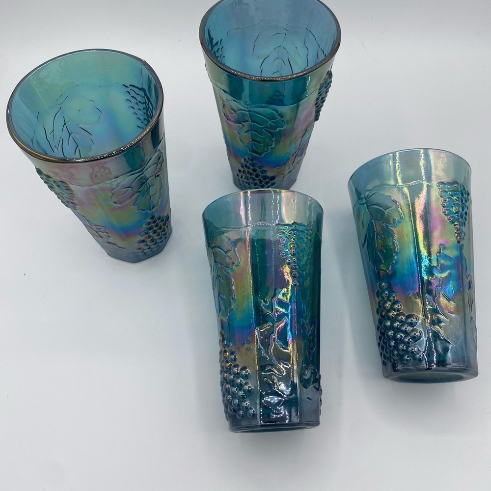 Vintage Indiana Carnival Glass Colony Harvest Grape Blue Tumblers Set Of 4 - Picture 4 of 5